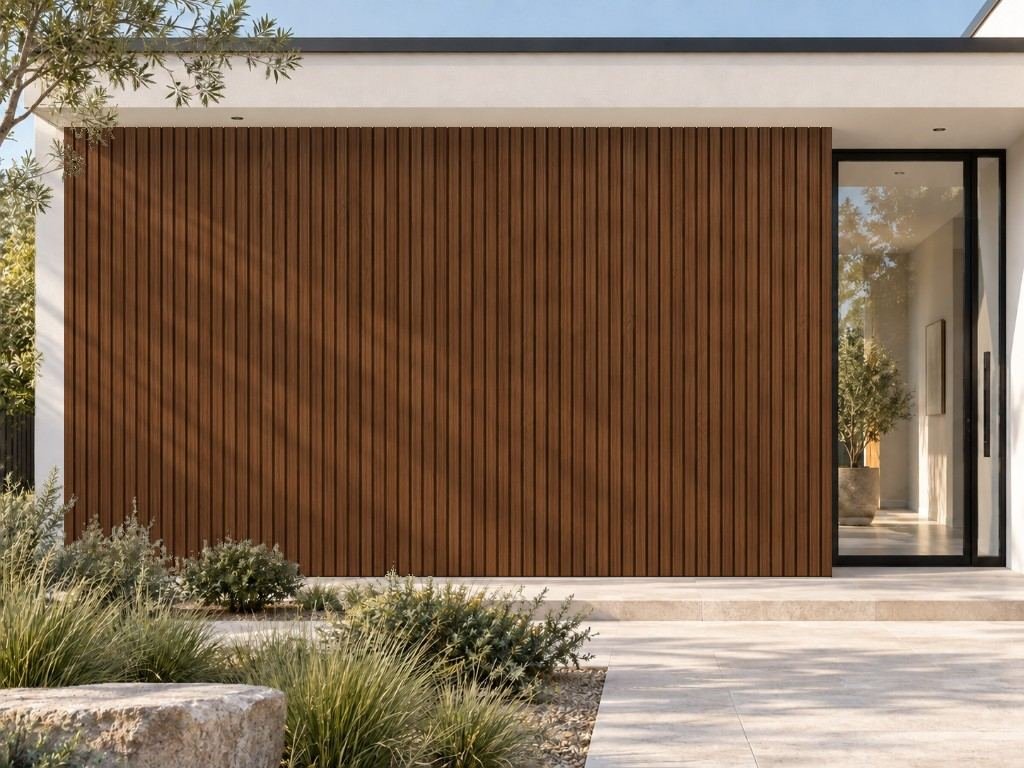 Thermally Modified Ash slatted lining on a contemporary exterior wall